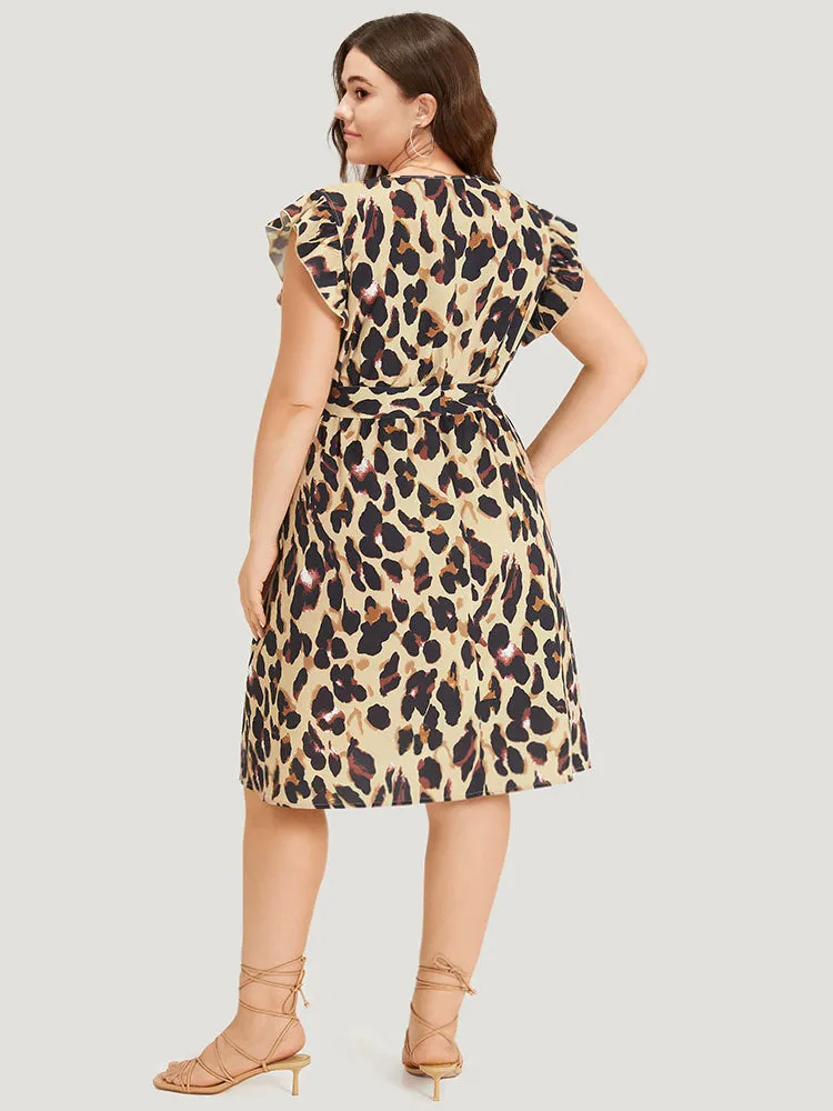 Leopard Print Belted V Neck Ruffle Cap Sleeve Dress sold by Bloomchic product image thumbnail 2