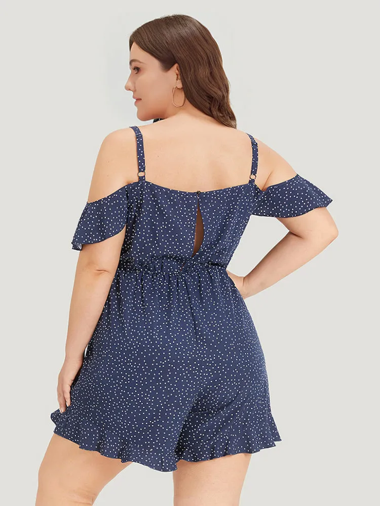 Polka Dot Ruffle Trim Tie Neck Cut Out Elastic Waist Jumpsuit sold by Bloomchic product image thumbnail 5