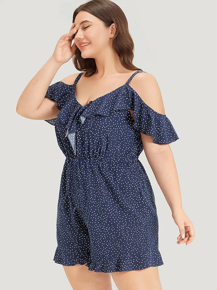 Polka Dot Ruffle Trim Tie Neck Cut Out Elastic Waist Jumpsuit sold by Bloomchic product image thumbnail 2