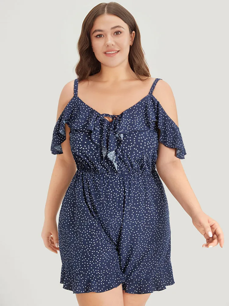 Polka Dot Ruffle Trim Tie Neck Cut Out Elastic Waist Jumpsuit sold by Bloomchic product image thumbnail 3