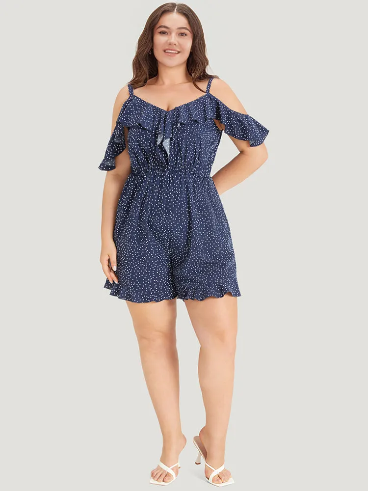 Polka Dot Ruffle Trim Tie Neck Cut Out Elastic Waist Jumpsuit sold by Bloomchic product image thumbnail 4