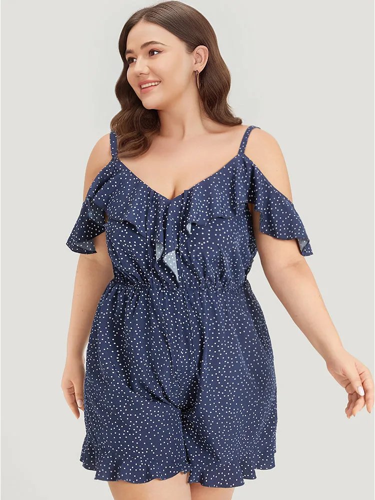 Polka Dot Ruffle Trim Tie Neck Cut Out Elastic Waist Jumpsuit sold by Bloomchic