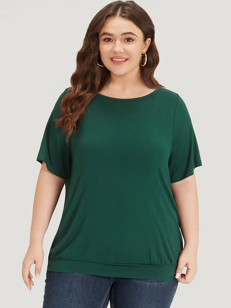 Solid Ruffle Sleeve Gathered Crew Neck T-shirt sold by Bloomchic