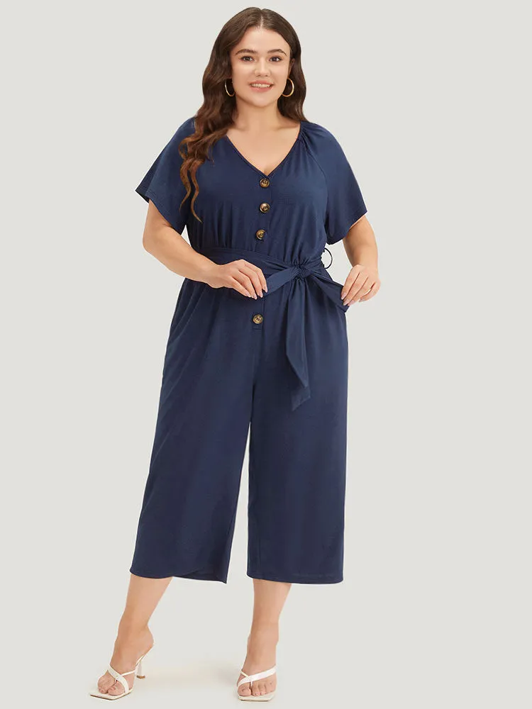 Solid Button Up V Neck Belted Gathered Flutter Sleeve Jumpsuit sold by Bloomchic product image thumbnail 3