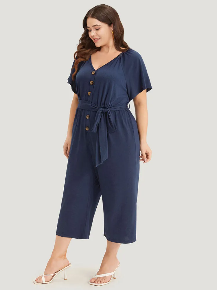 Solid Button Up V Neck Belted Gathered Flutter Sleeve Jumpsuit sold by Bloomchic product image thumbnail 2