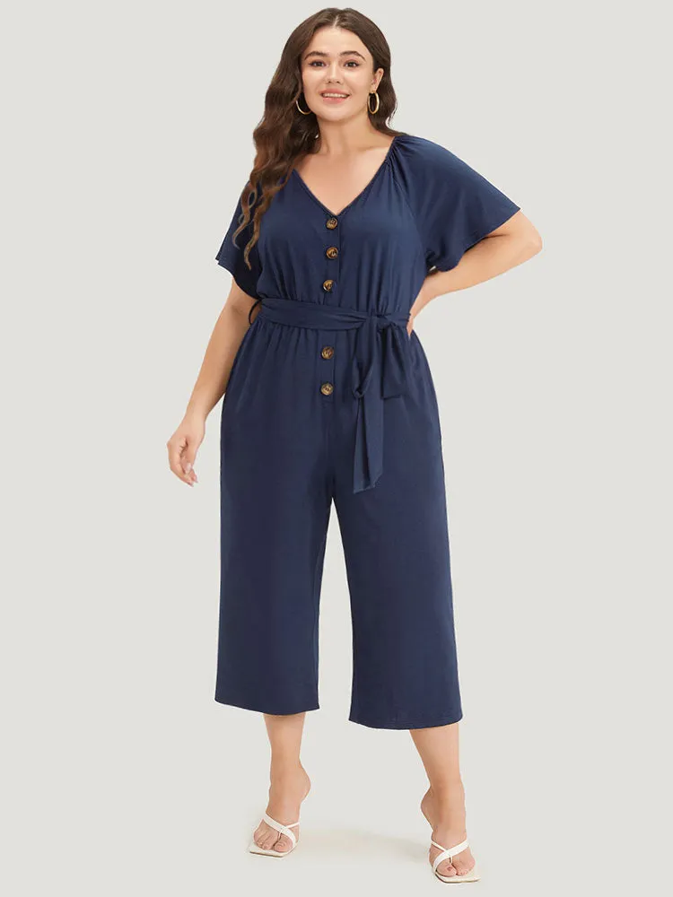 Solid Button Up V Neck Belted Gathered Flutter Sleeve Jumpsuit sold by Bloomchic