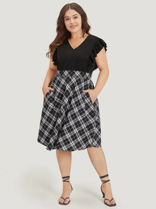 Plaid Patchwork Pocket Ruffle Cap Sleeve Dress sold by Bloomchic