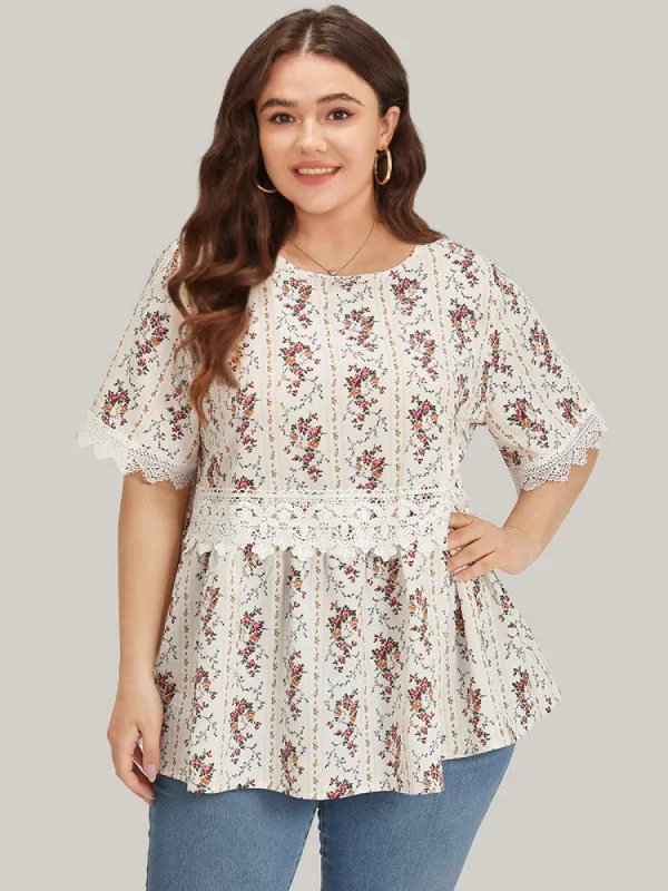 Ditsy Floral Lace Panel Elastic Waist Blouse sold by Bloomchic