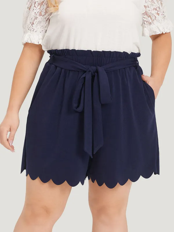 Plain Pocket Paperbag Waist Belted Scalloped Trim Shorts sold by Bloomchic