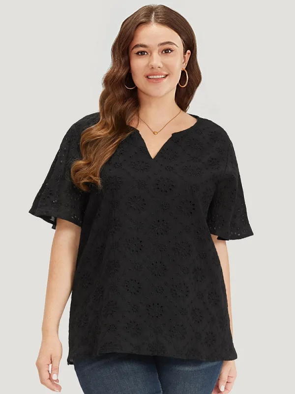 Solid Broderie Anglaise Notched Ruffle Sleeve Blouse sold by Bloomchic