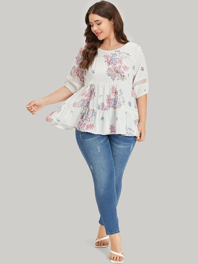 Floral Print Patchwork Ruffle Layered Hem Lantern Sleeve Blouse sold by Bloomchic product image thumbnail 5