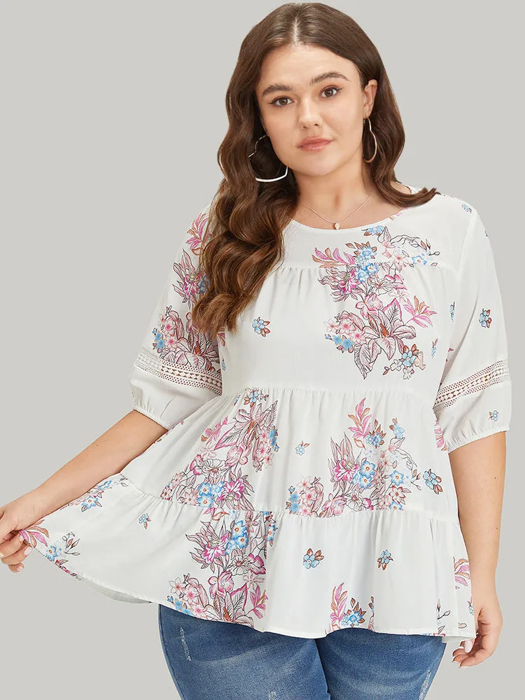 Floral Print Patchwork Ruffle Layered Hem Lantern Sleeve Blouse sold by Bloomchic product image thumbnail 2