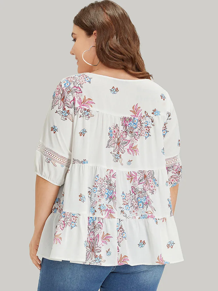 Floral Print Patchwork Ruffle Layered Hem Lantern Sleeve Blouse sold by Bloomchic product image thumbnail 3