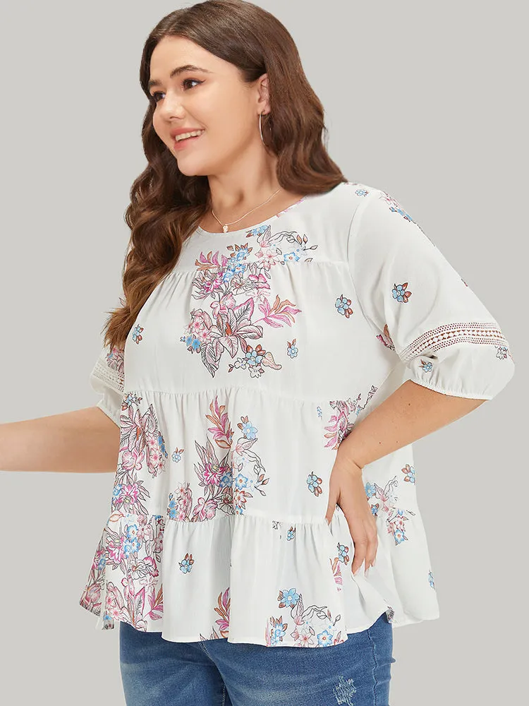 Floral Print Patchwork Ruffle Layered Hem Lantern Sleeve Blouse sold by Bloomchic product image thumbnail 4