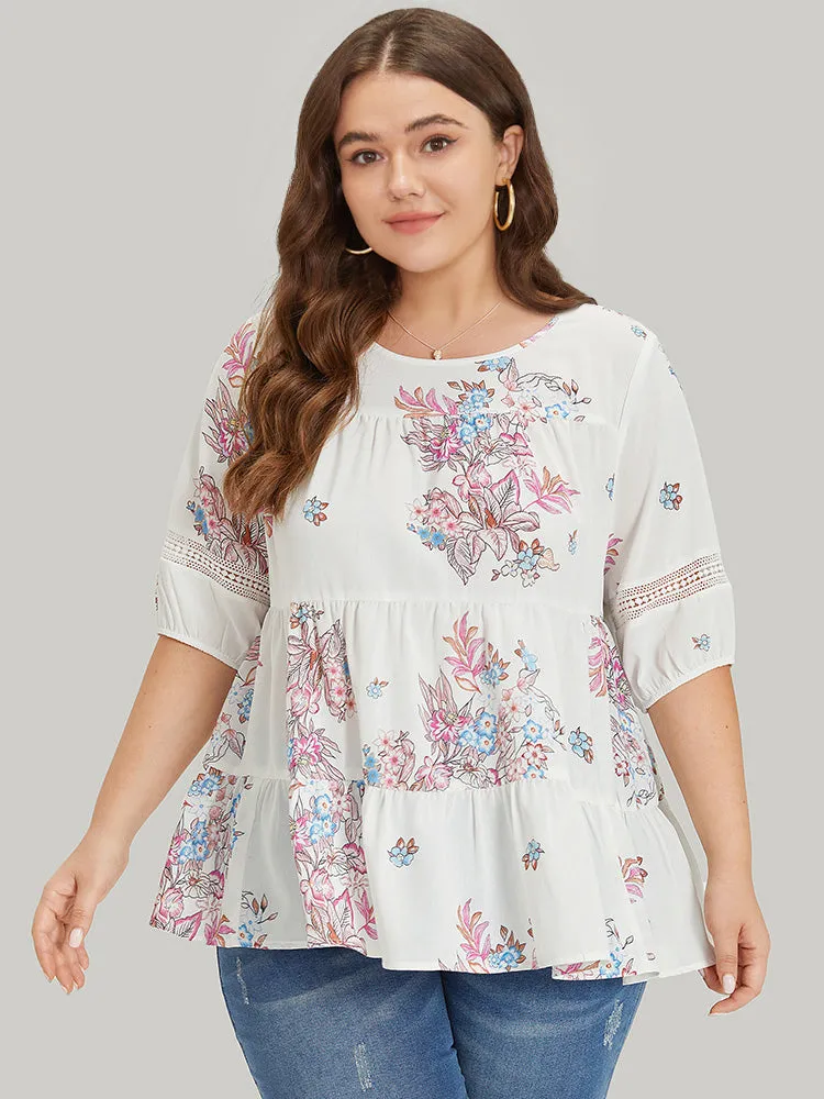 Floral Print Patchwork Ruffle Layered Hem Lantern Sleeve Blouse sold by Bloomchic