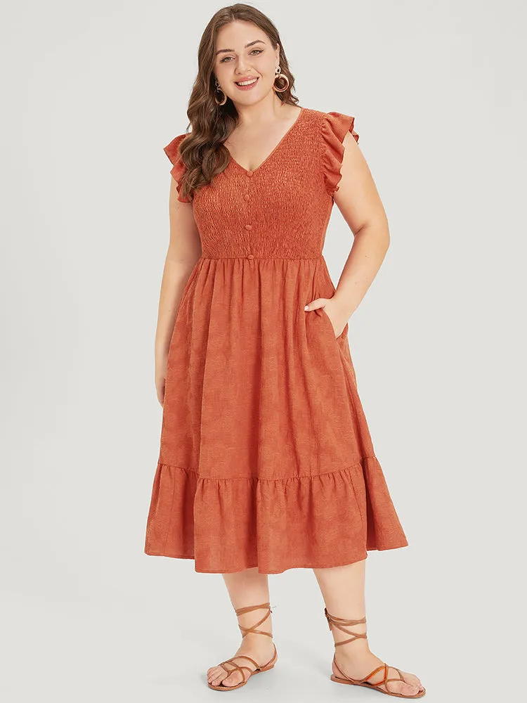 Plain Textured Button Detail Shirred Ruffle Cap Sleeve Dress sold by Bloomchic product image thumbnail 5