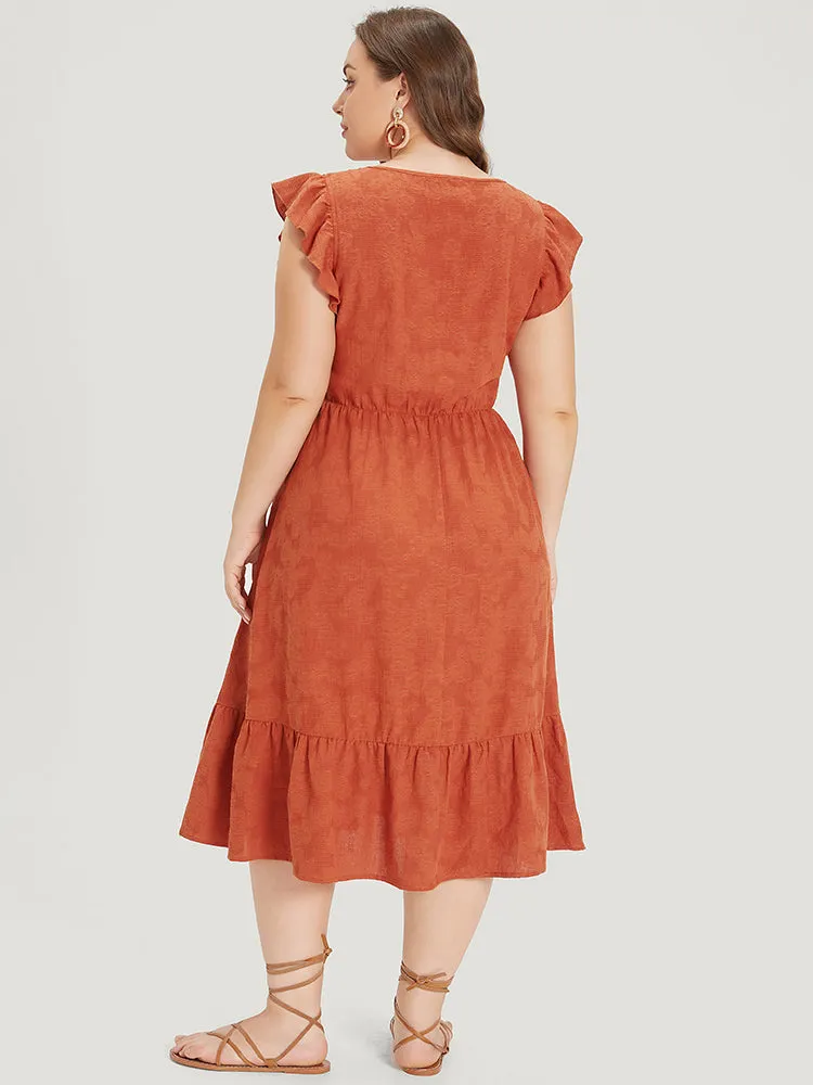 Plain Textured Button Detail Shirred Ruffle Cap Sleeve Dress sold by Bloomchic product image thumbnail 2