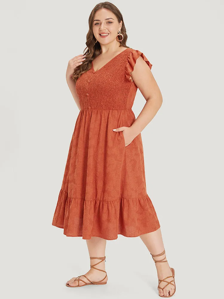 Plain Textured Button Detail Shirred Ruffle Cap Sleeve Dress sold by Bloomchic product image thumbnail 3