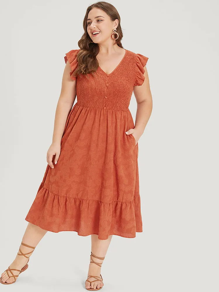 Plain Textured Button Detail Shirred Ruffle Cap Sleeve Dress sold by Bloomchic product image thumbnail 4