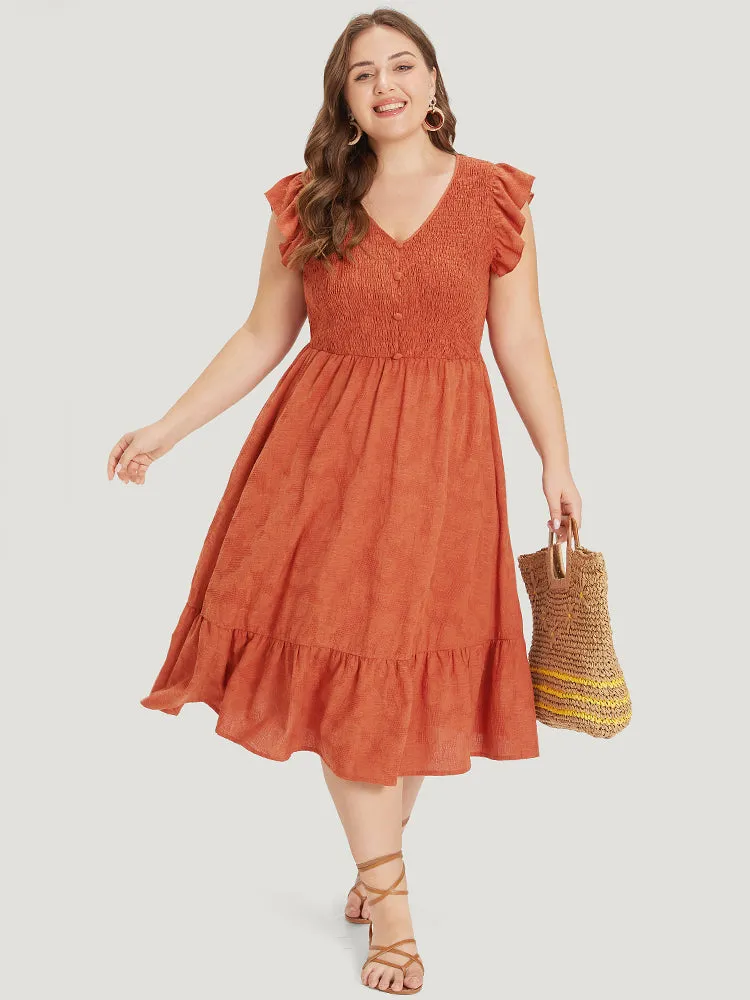 Plain Textured Button Detail Shirred Ruffle Cap Sleeve Dress sold by Bloomchic