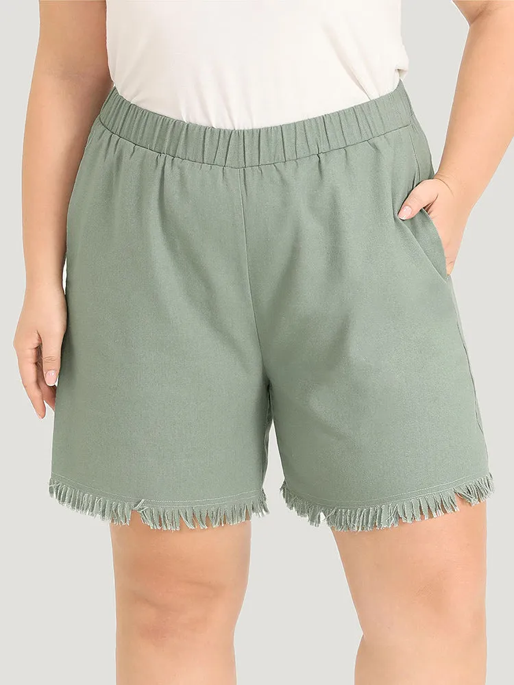 Solid Pocket Raw Edges Elastic Waist Shorts sold by Bloomchic