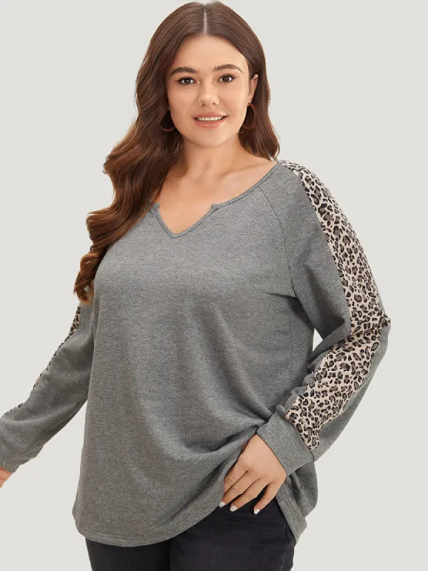 Leopard Patchwork Notched Raglan Sleeve Sweatshirt sold by Bloomchic