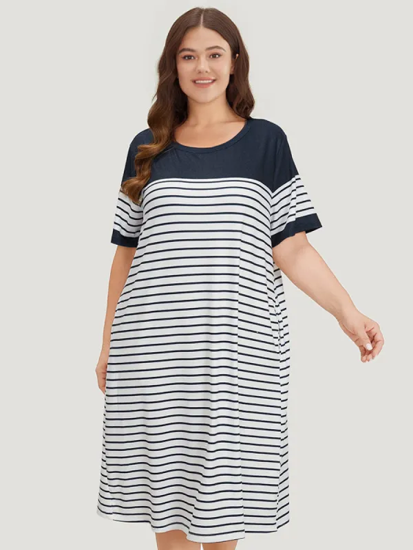 Striped Print Patchwork Pocket Round Neck Dress sold by Bloomchic