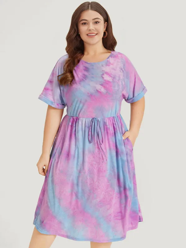 Tie Dye Pocket Bowknot Roll Sleeve Dress sold by Bloomchic