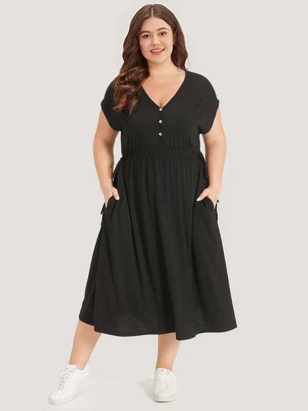 Supersoft Essentials Drawstring Button Detail Batwing Sleeve Dress sold by Bloomchic