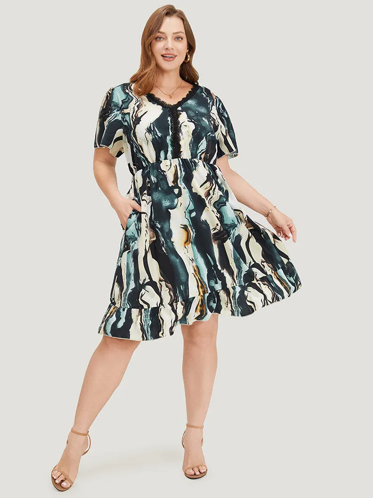 Water Ripple Print Ruffles Pocket Guipure Lace Dress sold by Bloomchic product image thumbnail 2