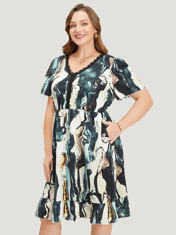 Water Ripple Print Ruffles Pocket Guipure Lace Dress sold by Bloomchic product image thumbnail 3