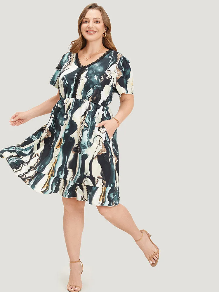 Water Ripple Print Ruffles Pocket Guipure Lace Dress sold by Bloomchic product image thumbnail 4