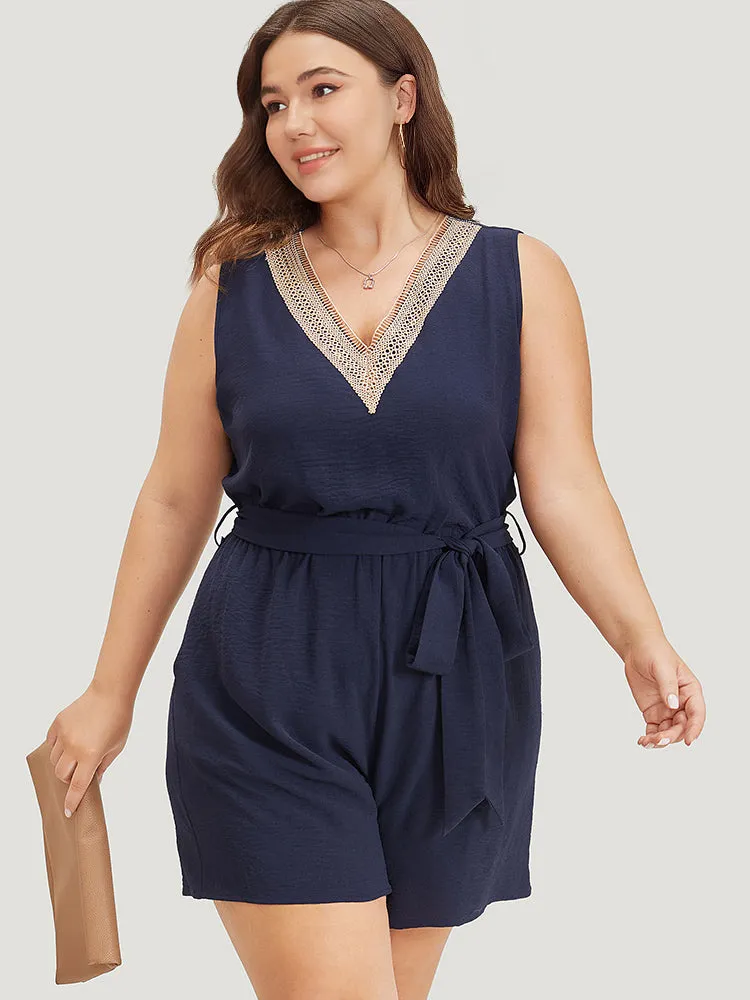 Solid Pocket Contrast Lace Belted Tank Romper sold by Bloomchic product image thumbnail 2