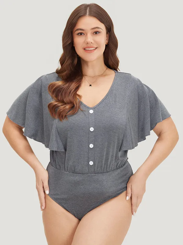 Plain Button Detail Flutter Sleeve Bodysuit sold by Bloomchic