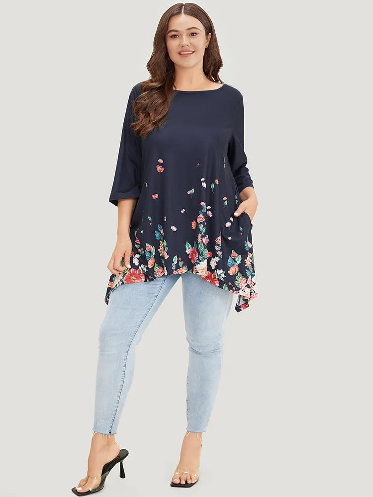 Floral Print Crew Neck Asymmetrical Hem T-shirt sold by Bloomchic product image thumbnail 4