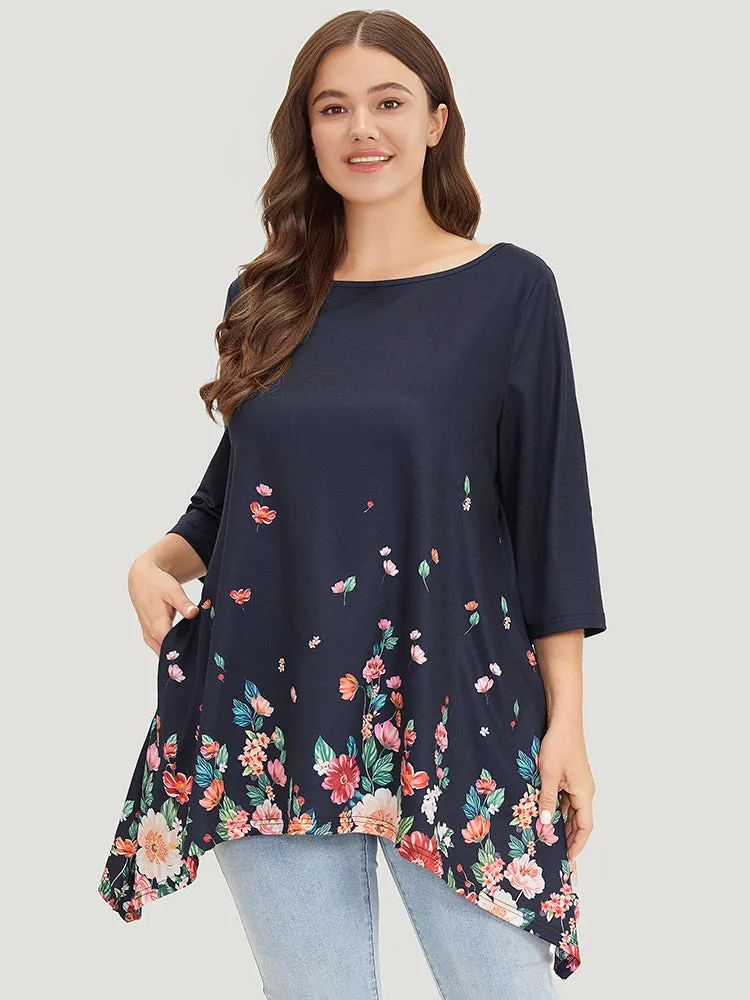 Floral Print Crew Neck Asymmetrical Hem T-shirt sold by Bloomchic
