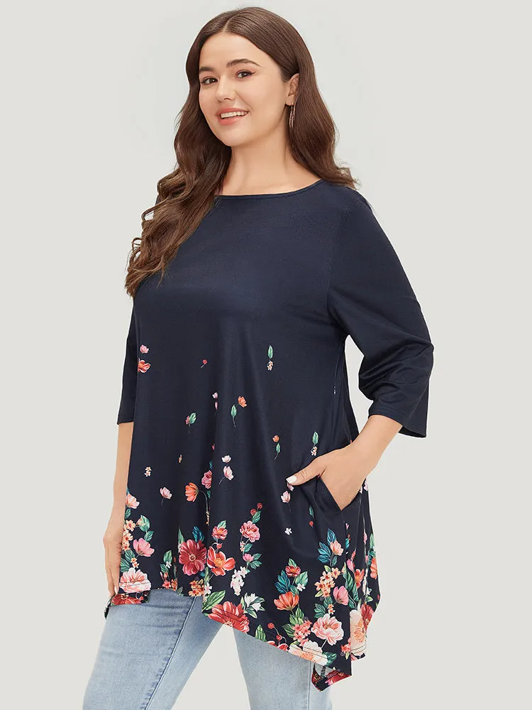 Floral Print Crew Neck Asymmetrical Hem T-shirt sold by Bloomchic product image thumbnail 2