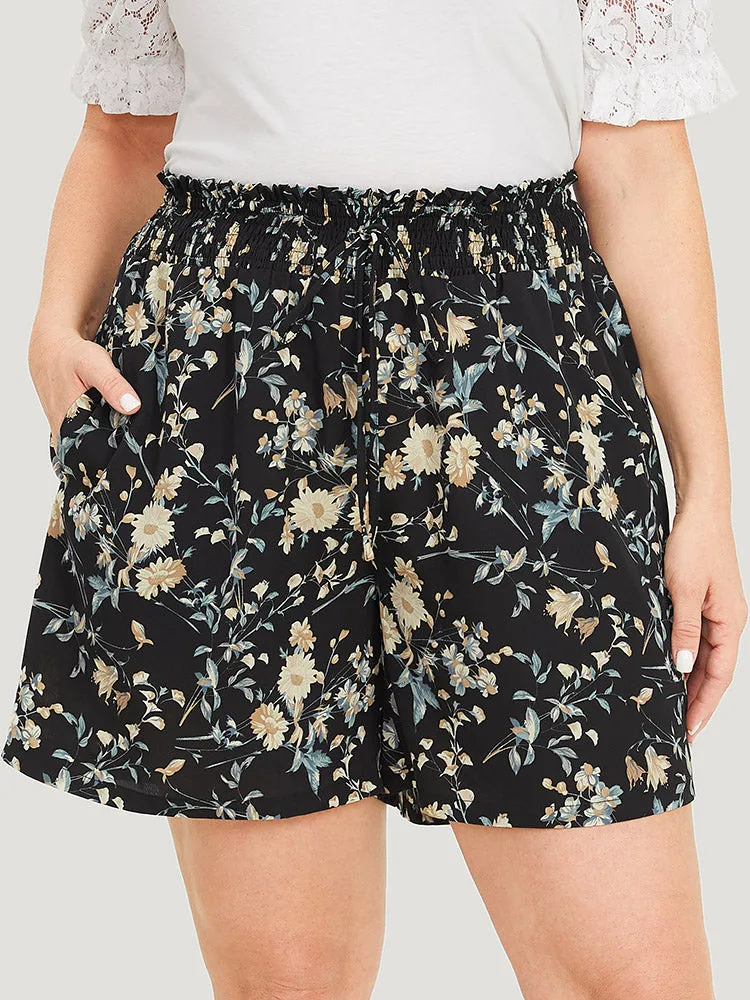 Floral Knot Shirred Pocket Paperbag Waist Shorts sold by Bloomchic