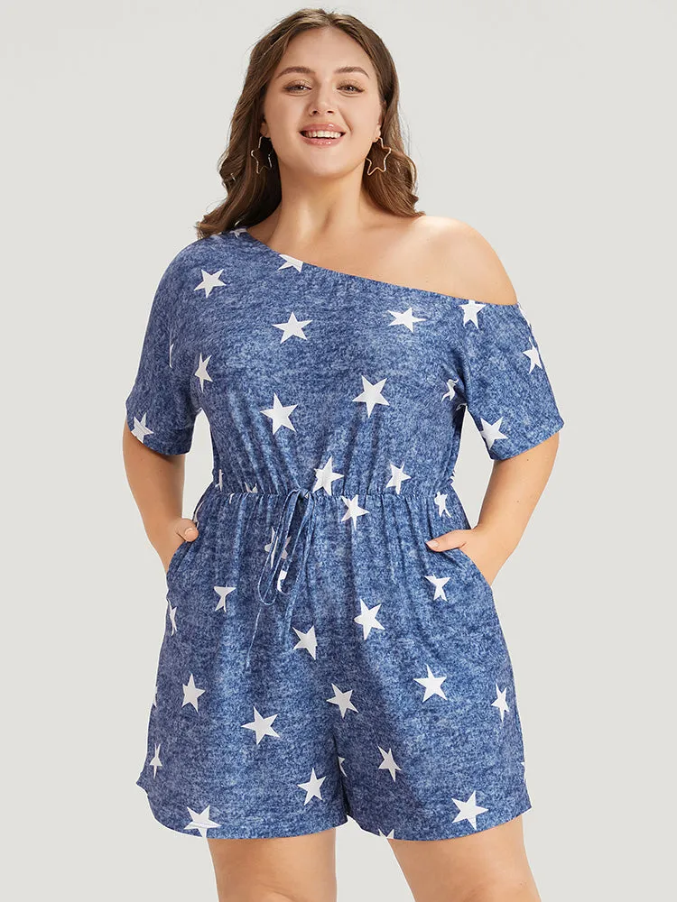 Star Print One Shoulder Bowknot Romper sold by Bloomchic