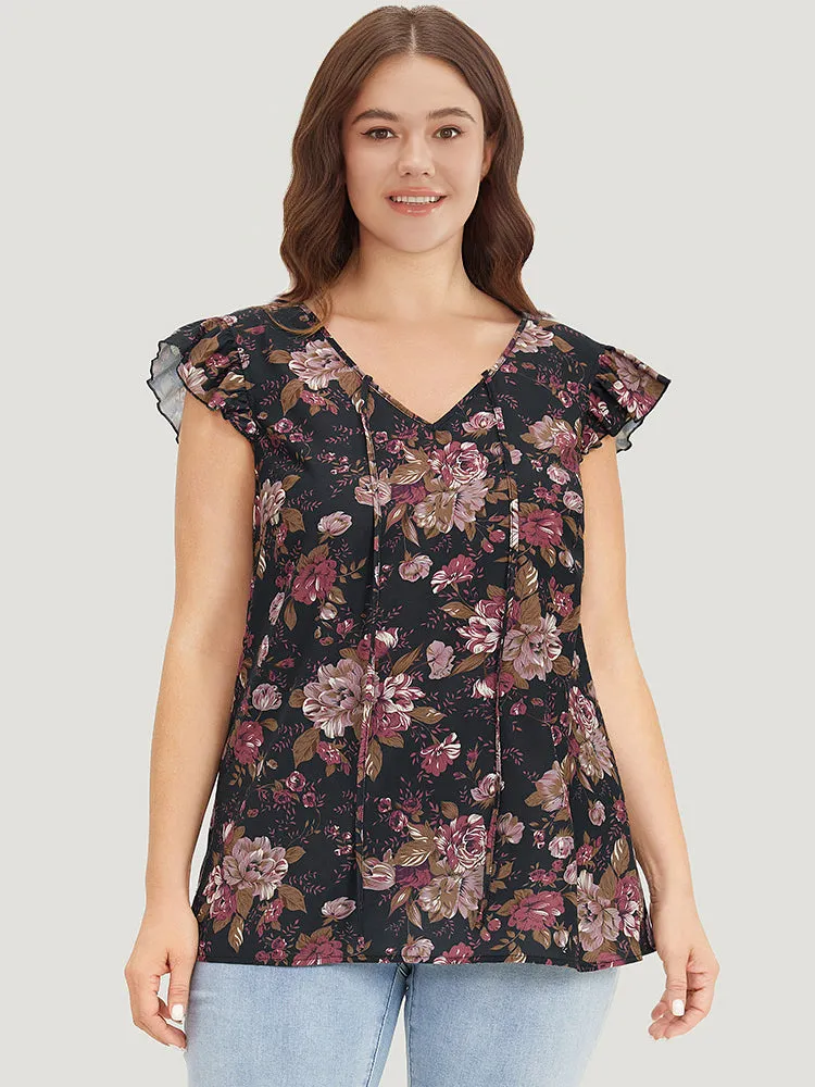 Floral Print Tie Neck Flutter Trim Tank Top sold by Bloomchic product image thumbnail 3