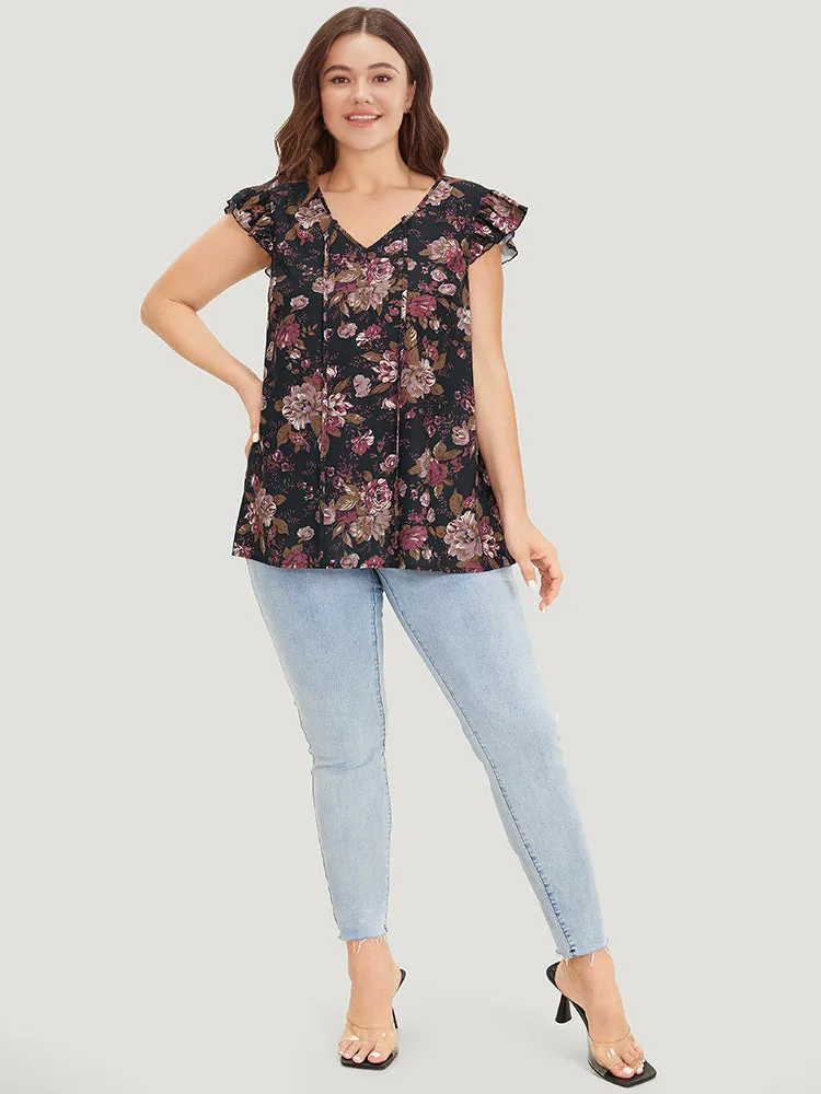Floral Print Tie Neck Flutter Trim Tank Top sold by Bloomchic product image thumbnail 4