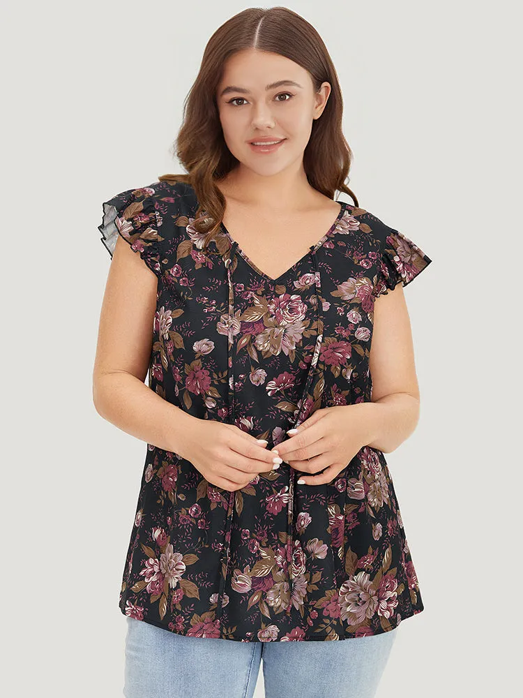 Floral Print Tie Neck Flutter Trim Tank Top sold by Bloomchic
