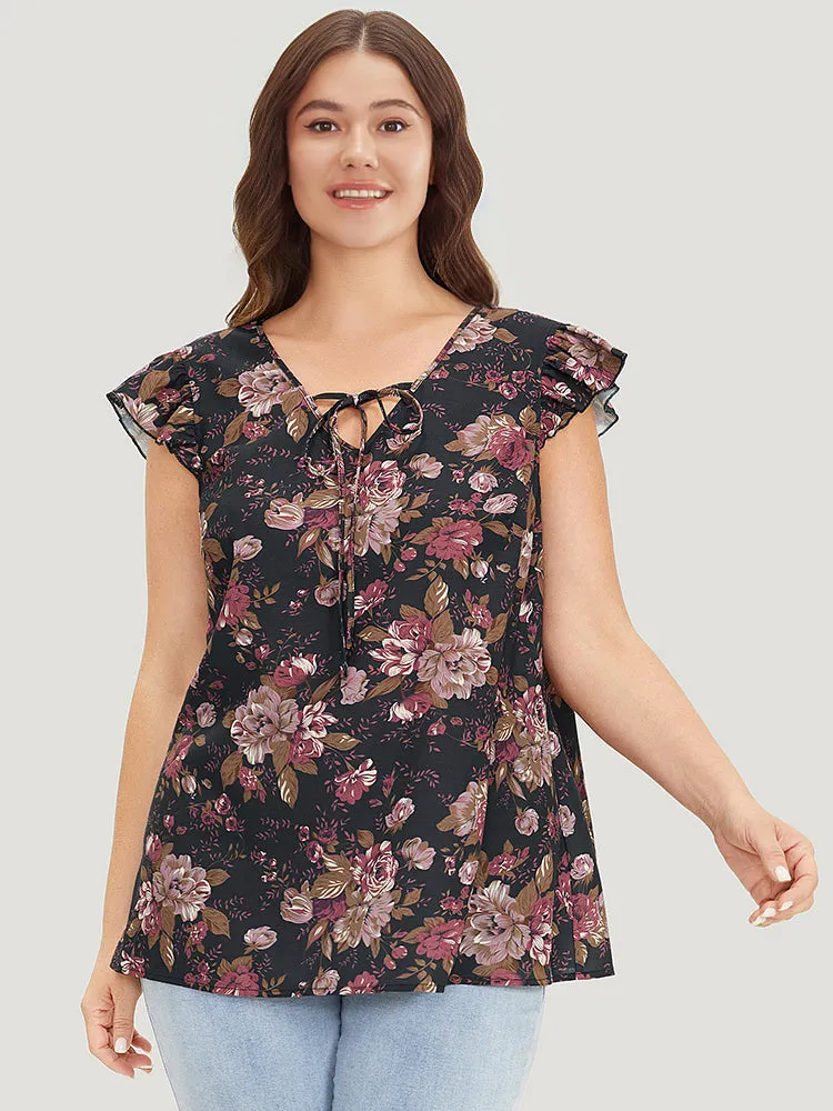 Floral Print Tie Neck Flutter Trim Tank Top sold by Bloomchic product image thumbnail 5