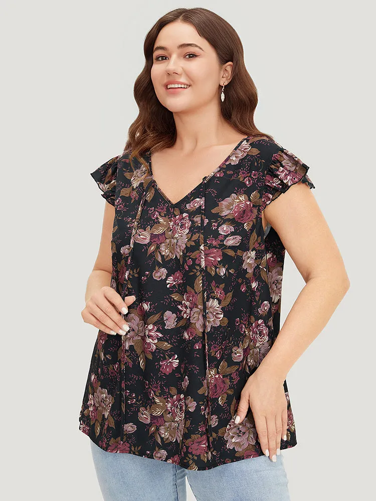 Floral Print Tie Neck Flutter Trim Tank Top sold by Bloomchic product image thumbnail 2