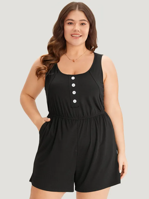 Plain Pocket Elastic Waist Button Detail Ruched Romper sold by Bloomchic