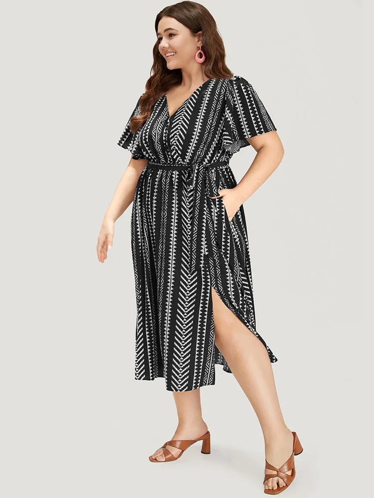 Geometric Print Flutter Sleeve Pocket Wrap Belt Split Dress sold by Bloomchic product image thumbnail 3