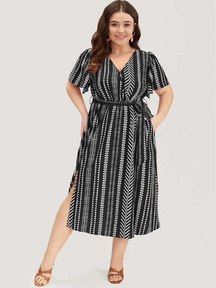 Geometric Print Flutter Sleeve Pocket Wrap Belt Split Dress sold by Bloomchic product image thumbnail 4