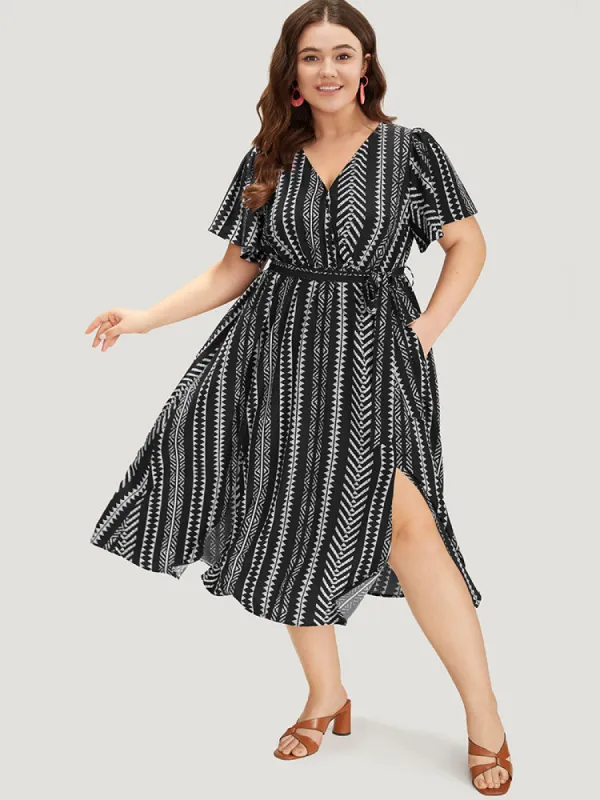 Geometric Print Flutter Sleeve Pocket Wrap Belt Split Dress sold by Bloomchic