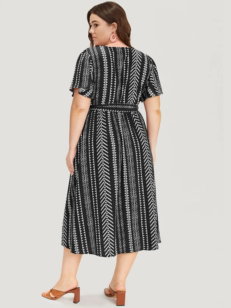 Geometric Print Flutter Sleeve Pocket Wrap Belt Split Dress sold by Bloomchic product image thumbnail 5
