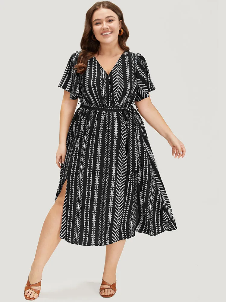 Geometric Print Flutter Sleeve Pocket Wrap Belt Split Dress sold by Bloomchic product image thumbnail 2